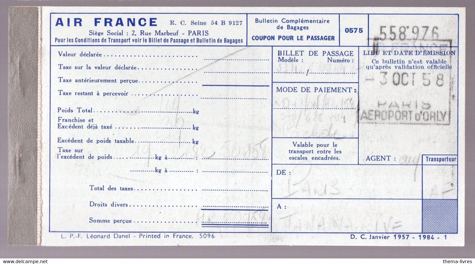 Billet AIR FRANCE  1958 PARIS TANANARIVE   (PPP27807) - Monde