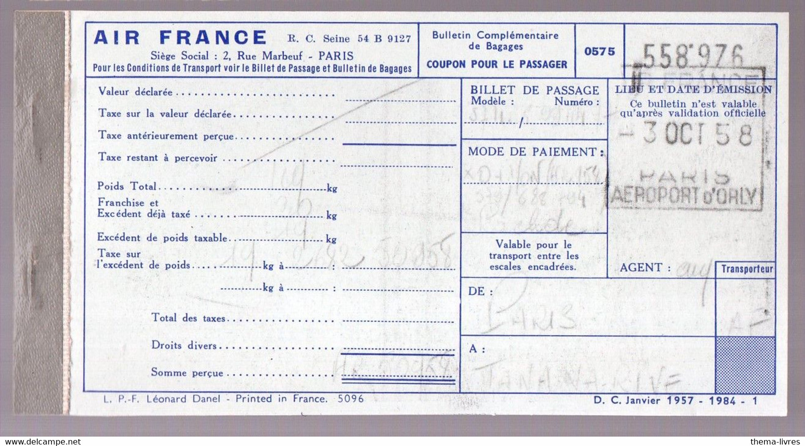 Billet AIR FRANCE  1958 PARIS TANANARIVE   (PPP27807) - World