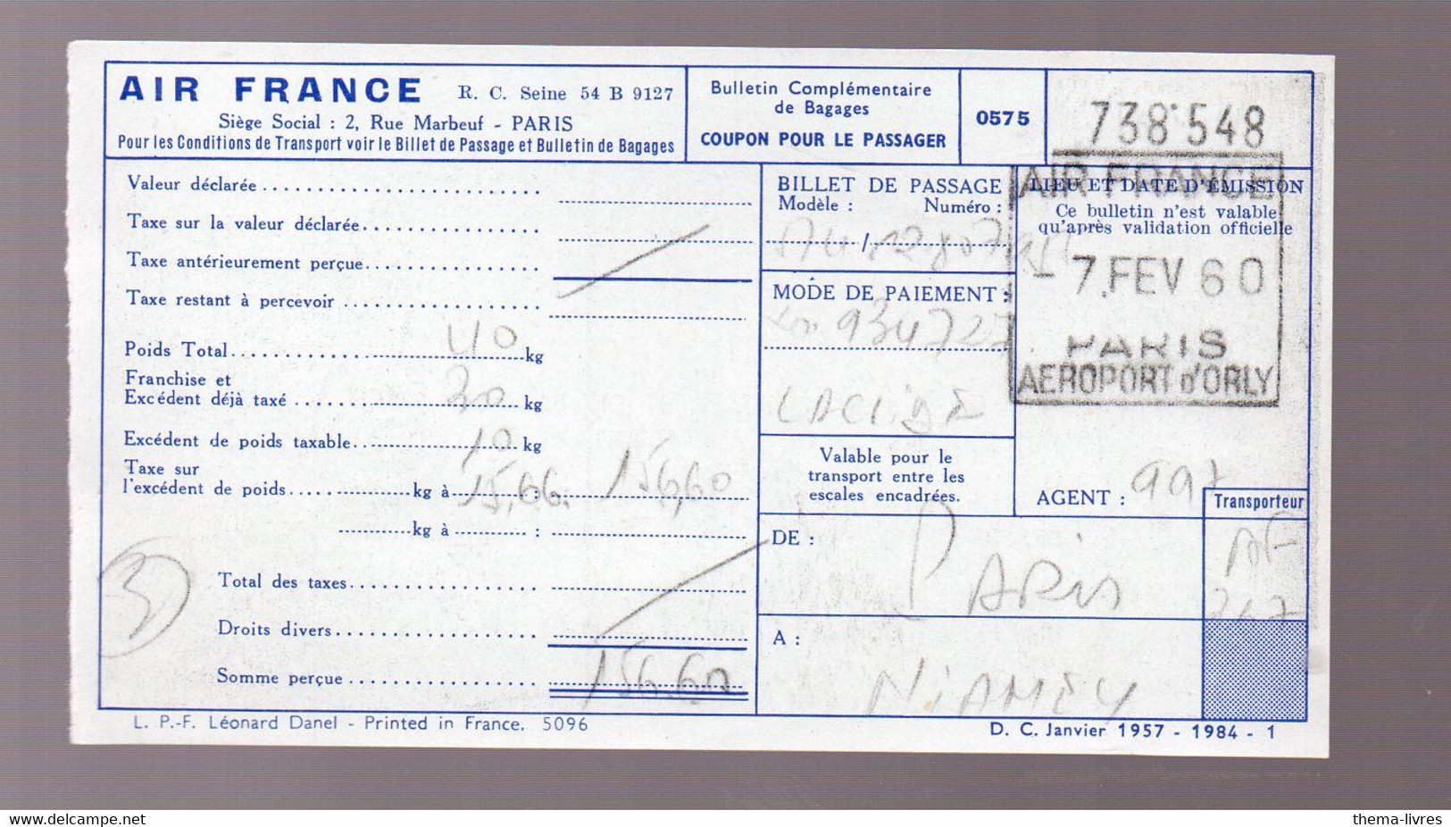 Billet AIR FRANCE  1960 PARIS NIAMEY   (PPP27808) - Welt