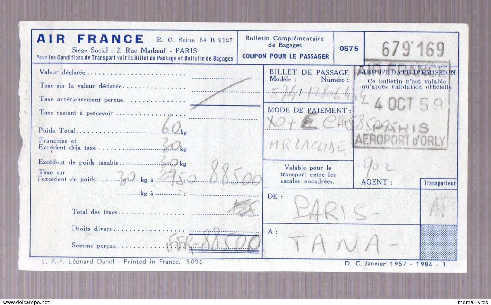 Billet AIR FRANCE  1959 PARIS TANANARIVE   (PPP27809) - Mundo