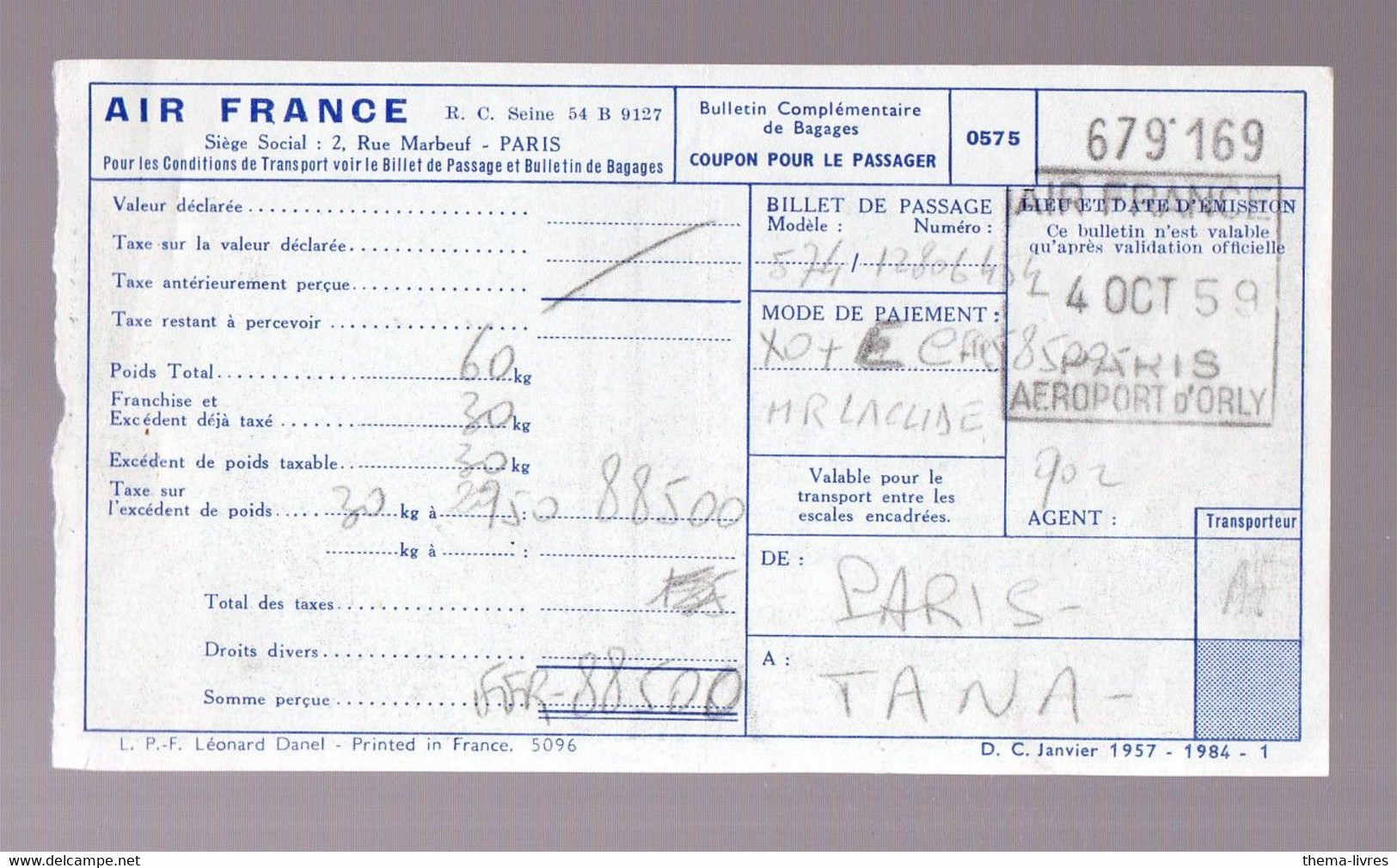 Billet AIR FRANCE  1959 PARIS TANANARIVE   (PPP27809) - World