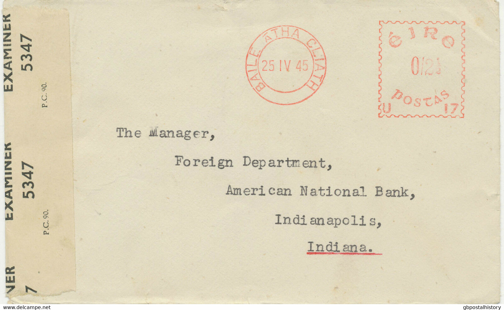 IRELAND 1945 2 1/2 Pg Meterpost From "BAILE ATHA CLIATH", Censorpost To USA - Storia Postale