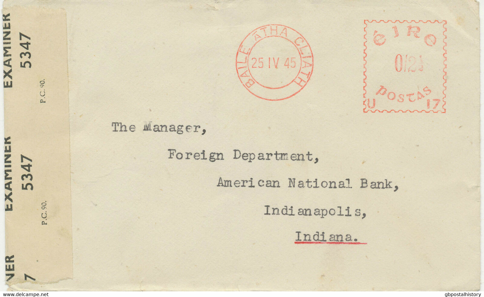 IRELAND 1945 2 1/2 Pg Meterpost From "BAILE ATHA CLIATH", Censorpost To USA - Cartas & Documentos