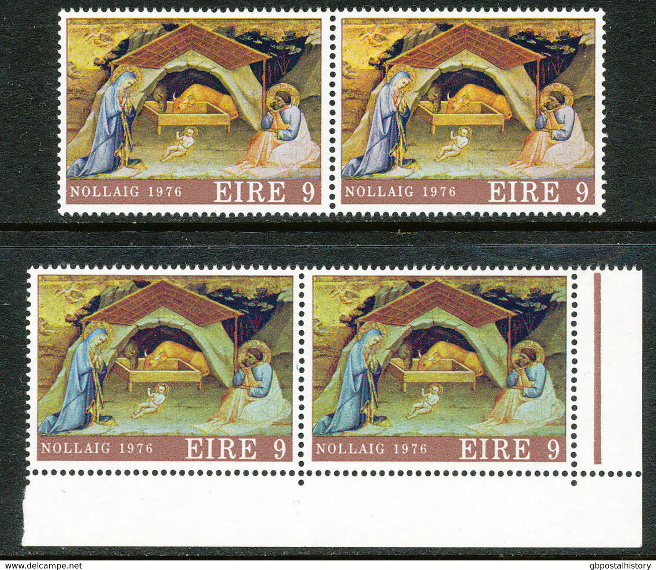 IRELAND 1976 Christmas, 9 (P) Multicolored, The Birth Of Christ U/M VARIETY - Ongetande, Proeven & Plaatfouten