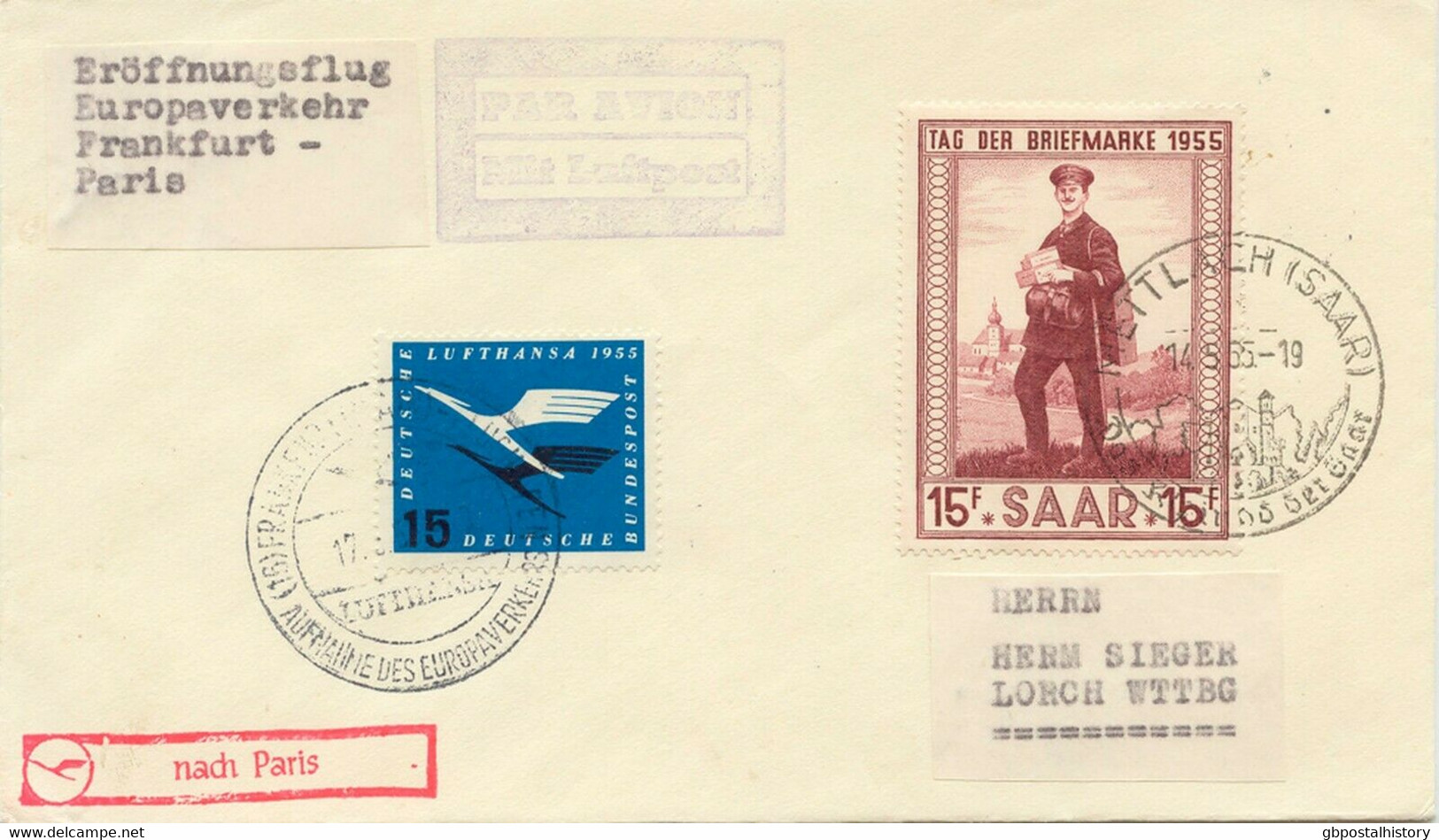 SAARLAND 1955 Zuleitung Aus Mettlach Zum Erstflug Dt. Lufthansa FRANKFURT-PARIS - Aéreo