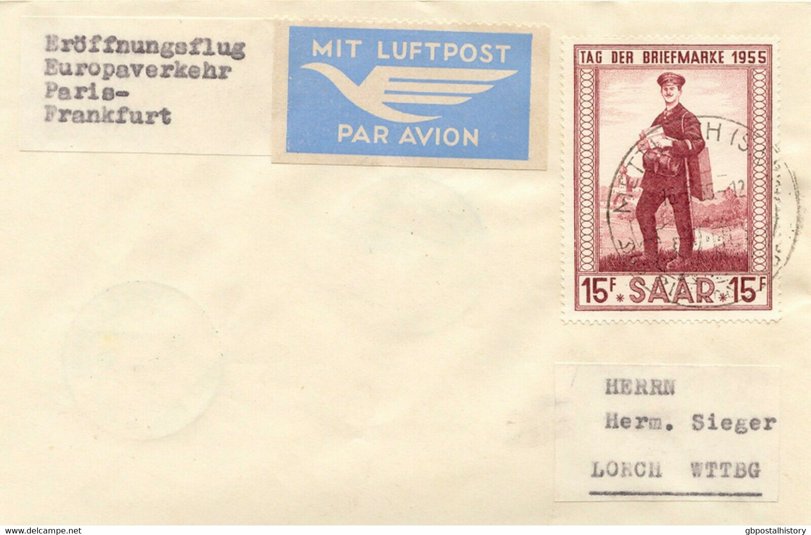 SAARLAND 1955 Zuleitung Aus Mettlach Zum Erstflug Dt. Lufthansa FRANKFURT-PARIS - Poste Aérienne