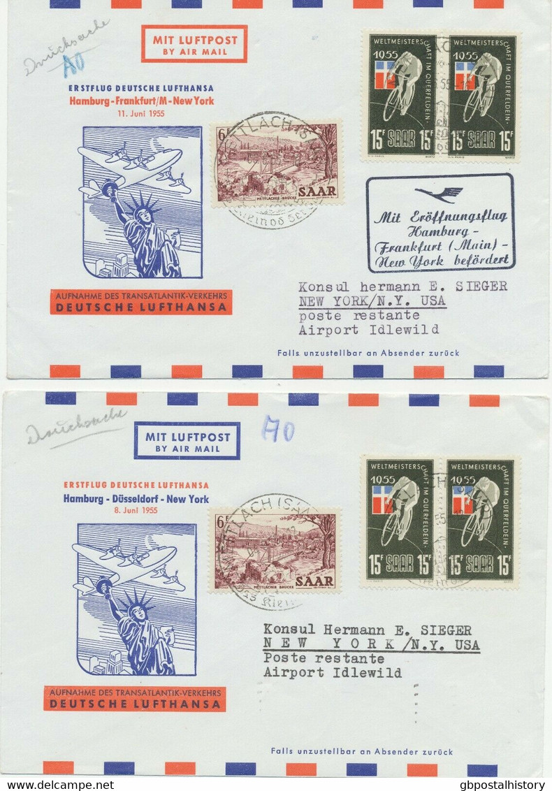 SAARLAND 1955 Zuleitungen Zum LH-Erstflug HAMBURG-DÜSSELDORF/FRANKFURT-NEW YORK - Airmail