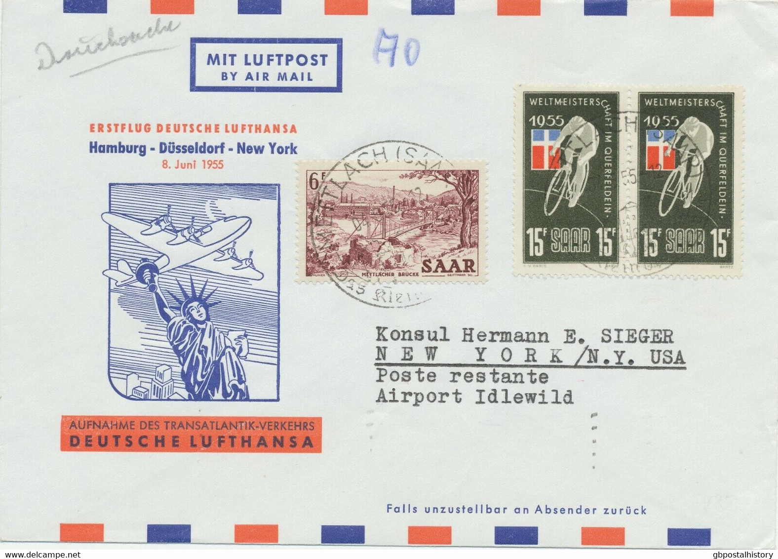 SAARLAND 1955 Zuleitungen Zum LH-Erstflug HAMBURG-DÜSSELDORF/FRANKFURT-NEW YORK - Poste Aérienne