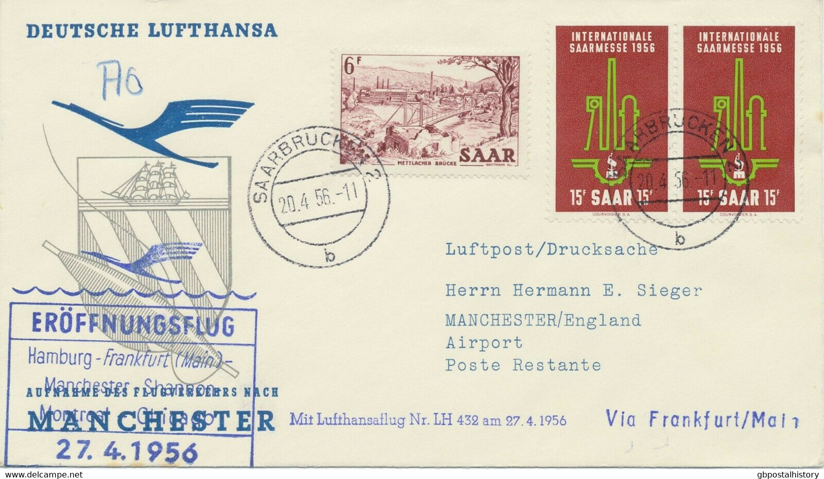 SAARLAND 1956 Mitläuferpost Erstflug Dt.Lufthansa LH432 "FRANKFURT - MANCHESTER" - Aéreo