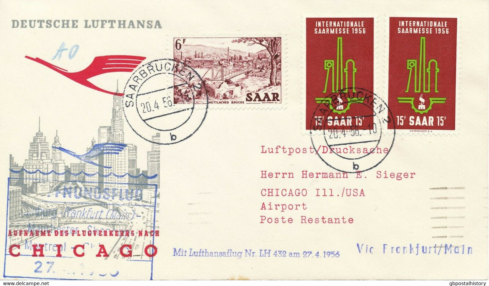 SAARLAND 1956 Mitläuferpost Erstflug Lufthansa LH432 FRANKFURT-CHICAGO/MONTREAL - Luftpost