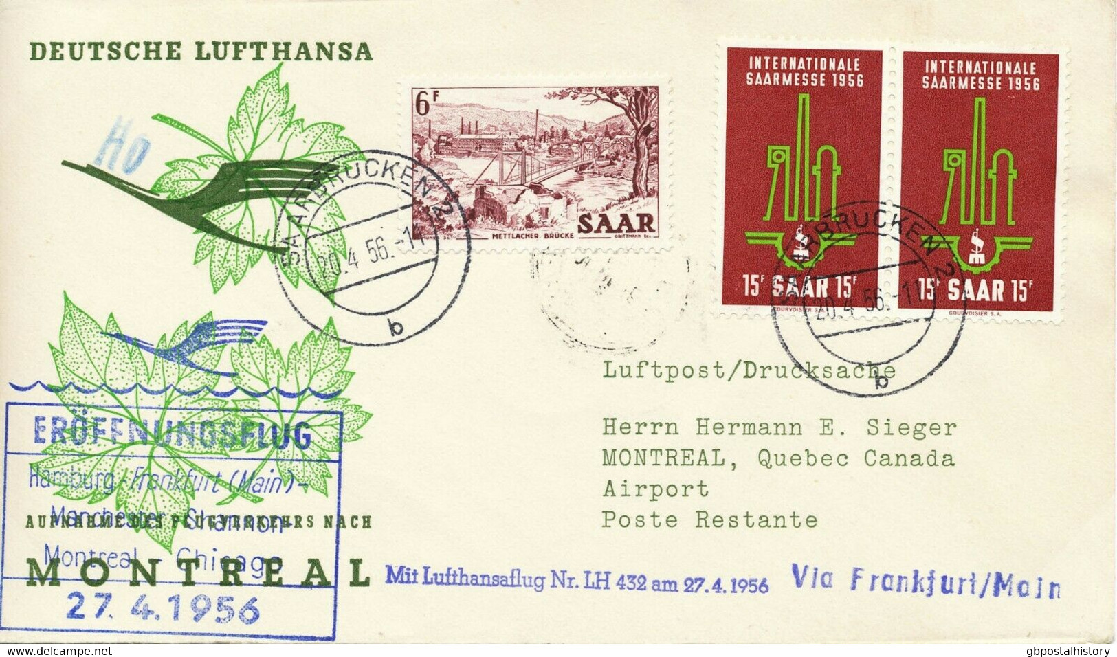 SAARLAND 1956 Mitläuferpost Erstflug Lufthansa LH432 FRANKFURT-CHICAGO/MONTREAL - Luftpost