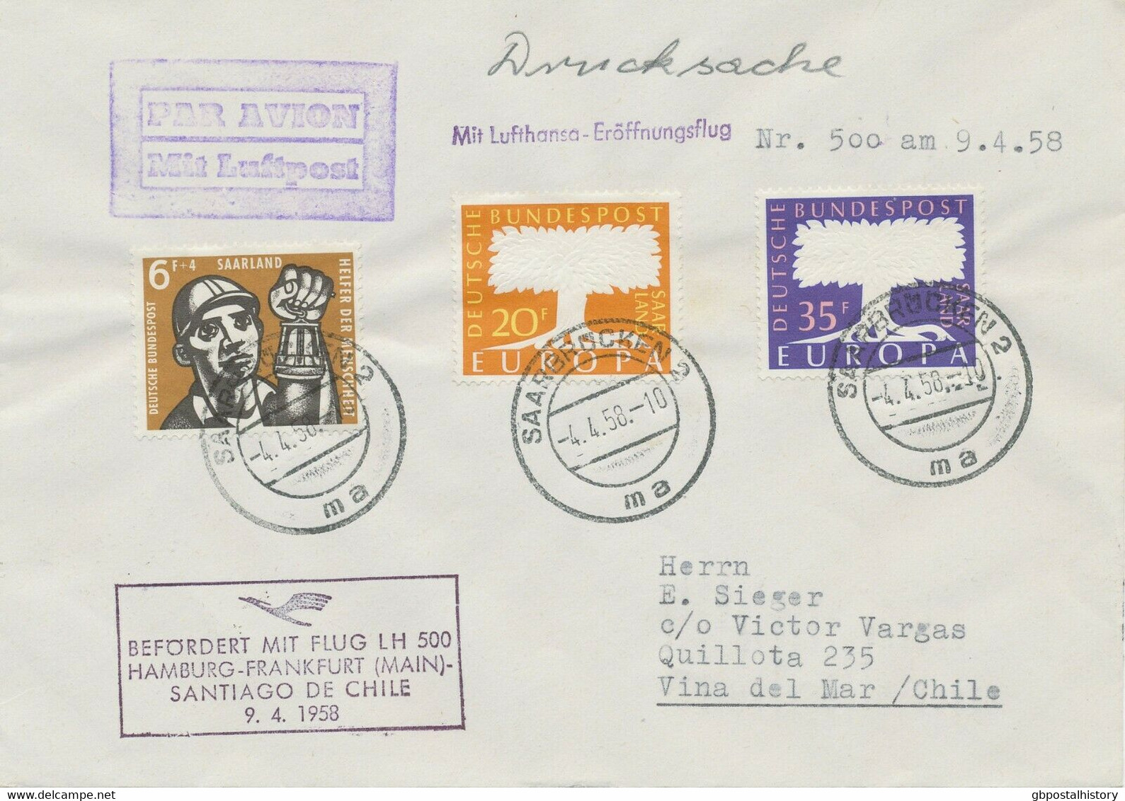 SAARLAND 1958 Zuleitung-Mitläuferpost Dt Lufthansa Flug LH 500 SAARBRÜCKEN-CHILE - Poste Aérienne