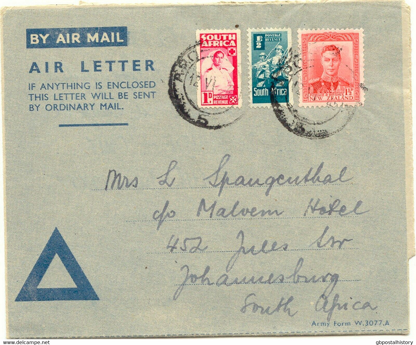 SOUTH AFRICA + NEW ZEALAND 1945 Extremely Rare Mixed Franking AIRMAIL Cover - Luchtpost