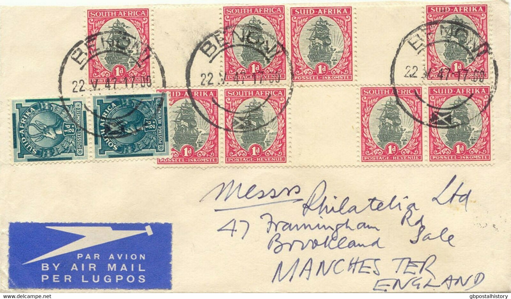 SOUTH AFRICA 1947 VF Early After War AIRMAIL Cover From BENONI THREE GUTTERPAIRS - Poste Aérienne