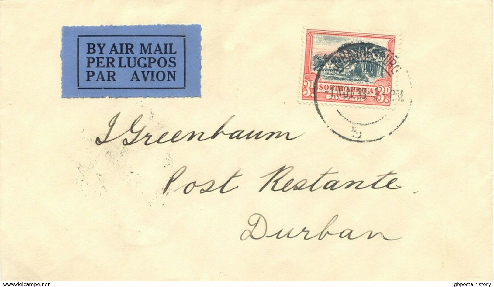 SOUTH AFRICA 1933 First Day For Reduced 3d Airmail Postage JOHANNESBURG - DURBAN - FDC
