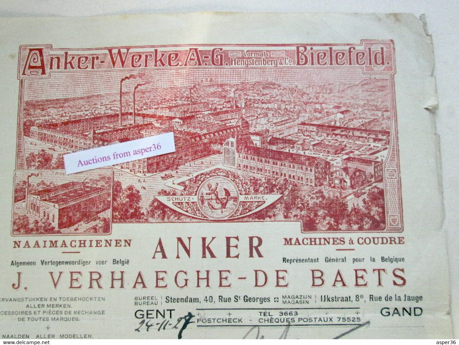 Naaimachienen ANKER, J. Verhaeghe-De Baets, Steendam, Rue St. Georges, Ijkstraat, Rue De La Jauge, Gent 1928 - 1900 – 1949