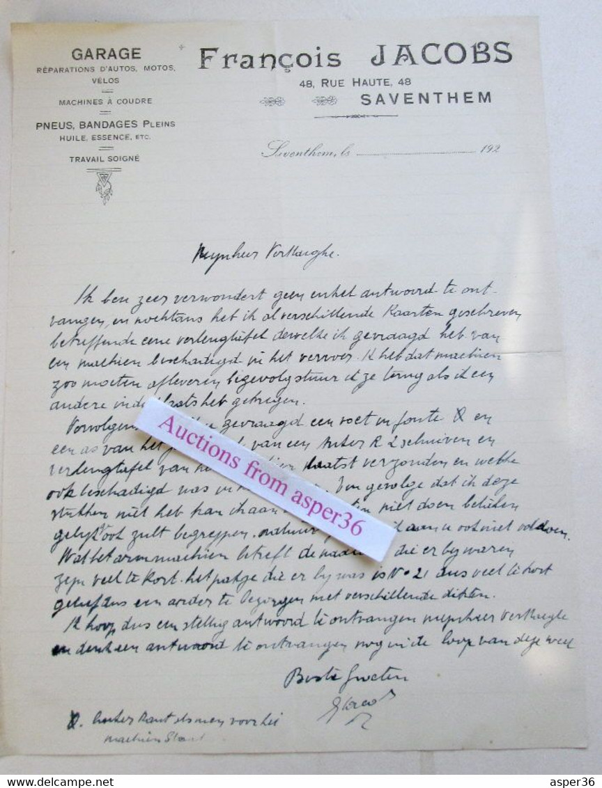 Garage Réparations Autos, Motos, Vélos, Pneus, François Jacobs, Rue Haute, Saventhem (Zaventem) 1920's - 1900 – 1949