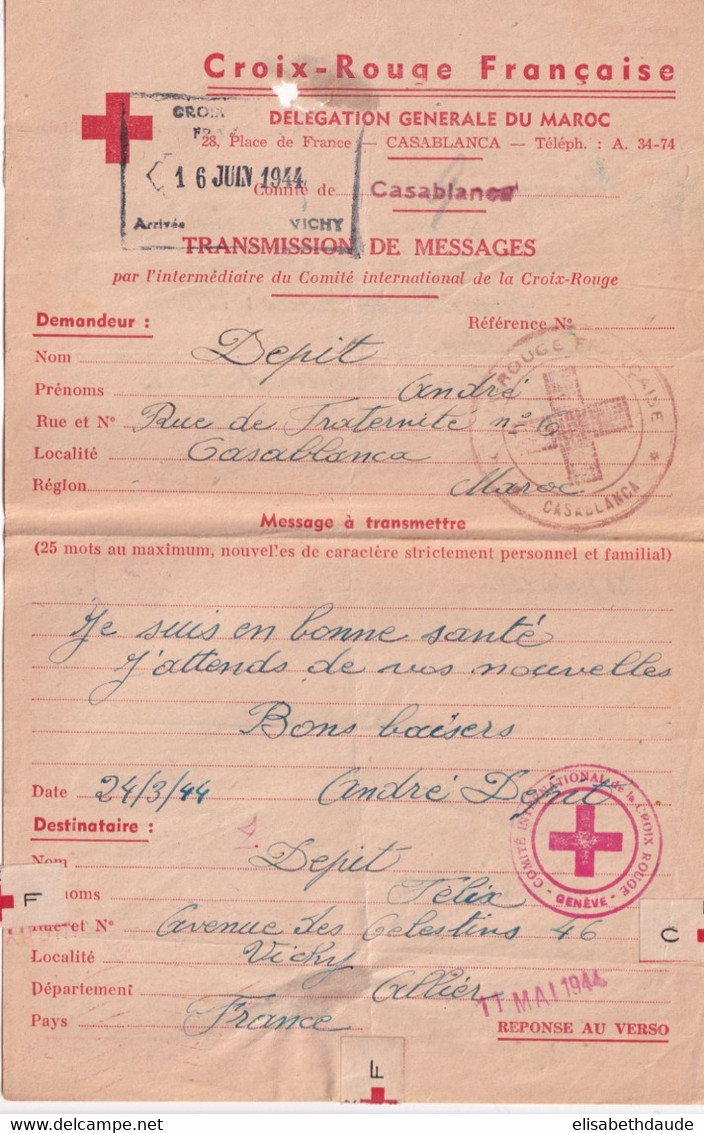 1944 - CROIX-ROUGE - FORMULAIRE De CORRESPONDANCE DELEGATION CASABLANCA (MAROC) Via GENEVE => ALLIER - Rotes Kreuz