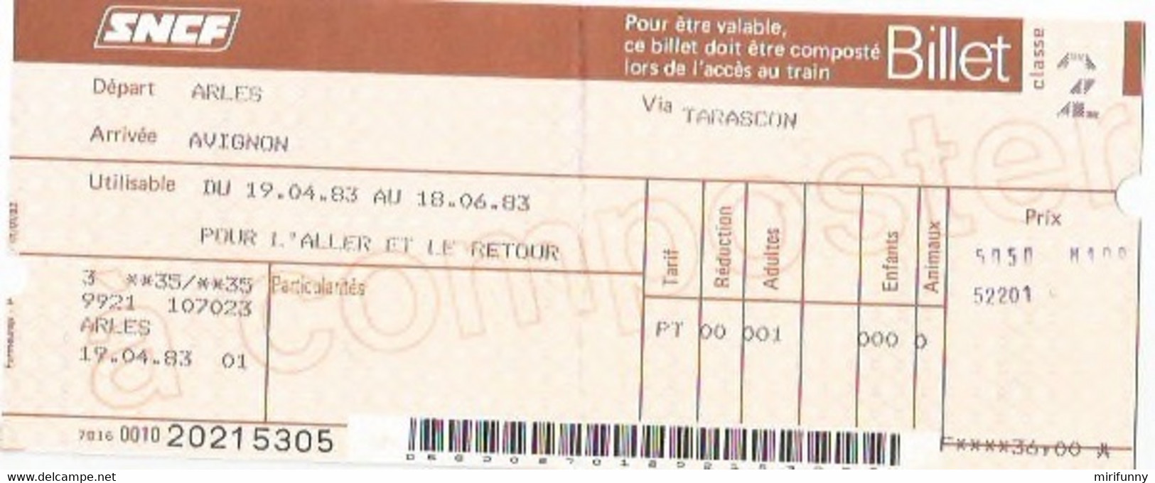 SNCF/BILLET ARLES-AVIGNON/VIA TARASCON/19.04.1983 - Non Classificati