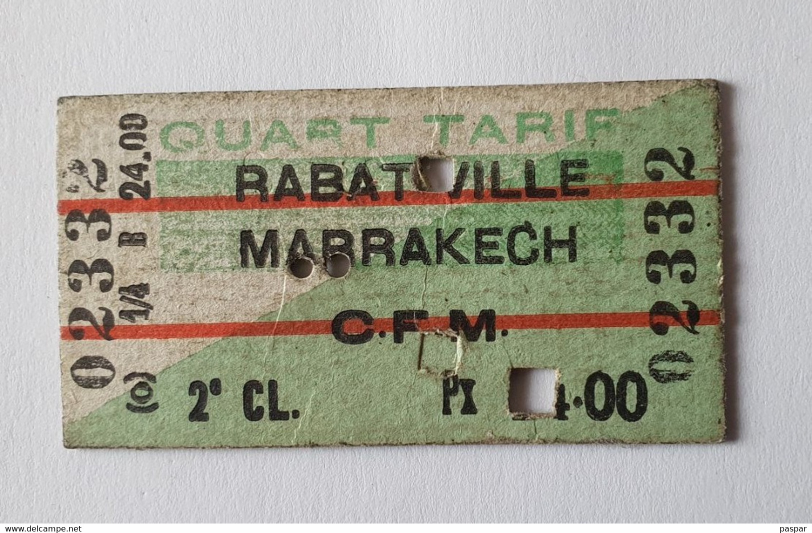 Ticket De Train Rabat / Marrakech Maroc  Afrique - 1941 - 2ème Classe Quart Tarif - Mundo