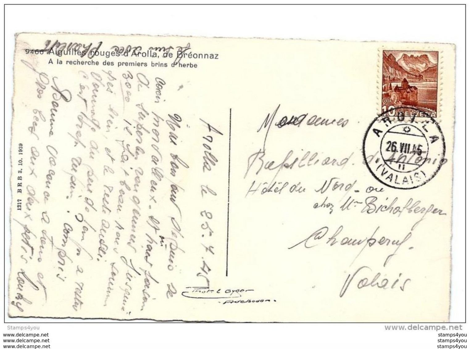 227 - 14 - Carte D'Arolla Avec Superbe Cachet à Date 1945 - Briefe U. Dokumente