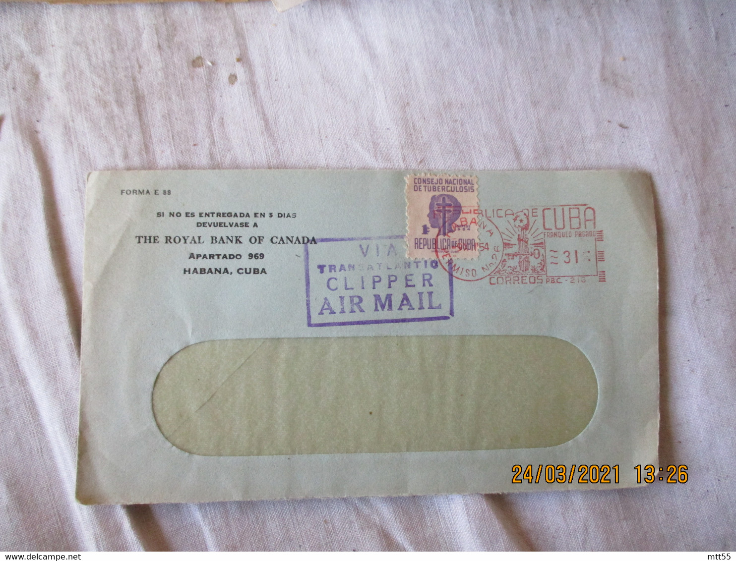 Cuba Lettre Ema  Empreinte Machine Affranchir  Avec Timbre  Antituberculeus Via Transatlantique Clipper Air Mail - Cartas & Documentos