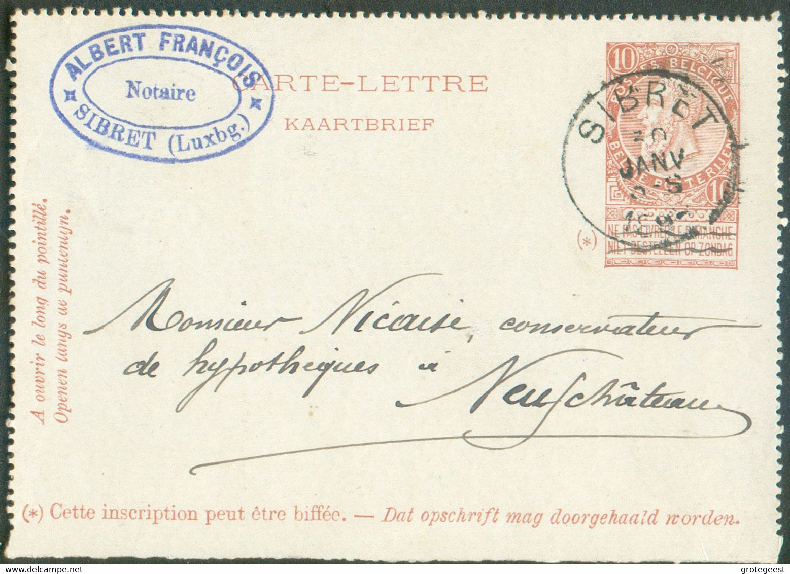 EP Carte-lettre Obl. Sc SIBRET 30 Janvier 1896 Vers Neufchateau - TB - 17619 - Briefkaarten 1871-1909