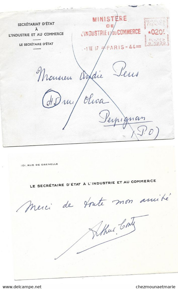 1957 PERPIGNAN - ARTHUR CONTE DEPUTE PYRENEES ORIENTALES - SECRETAIRE D ETAT A L INDUSTRIE ET AU COMMERCE - CARTE - Historische Dokumente