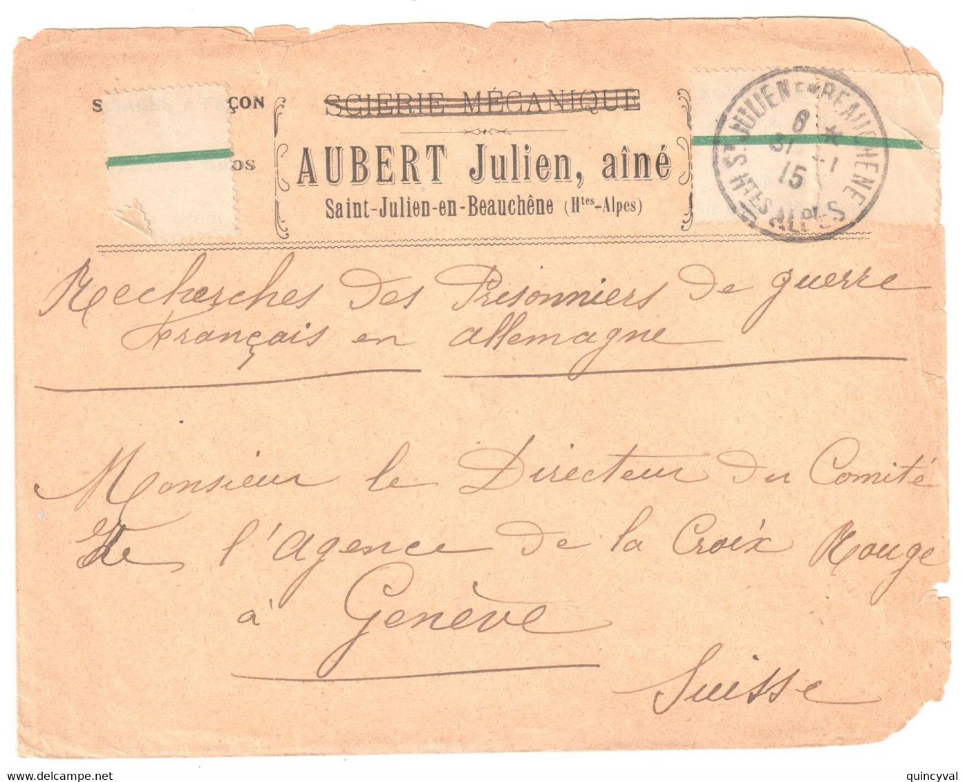 St JULIEN En BEAUCHENE Hautes Alpes Lettre AUBERT En Franchise Recherche Prisonniers De Guerre Dest Suisse Ob 31 1 1915 - WW I