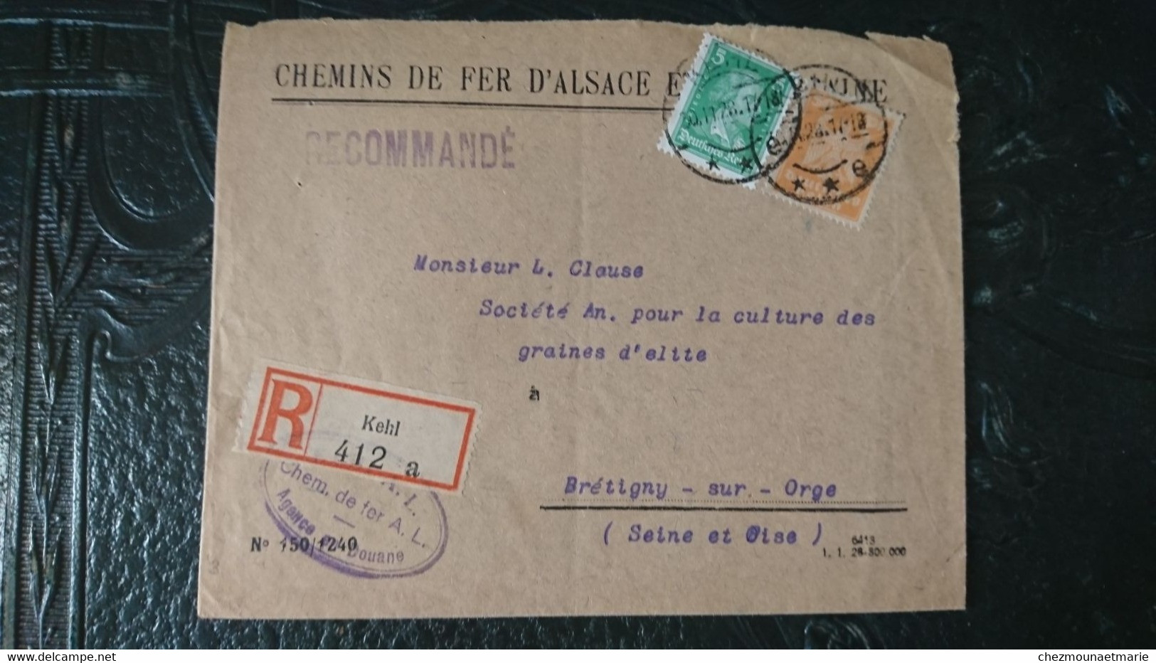 1928 ALLEMAGNE EMPIRE - CHEMINS DE FER ALSACE LORRAINE AGENCE DOUANE RECOMMANDE DE KEHL POUR BRETIGNY SUR ORGE - Briefe U. Dokumente