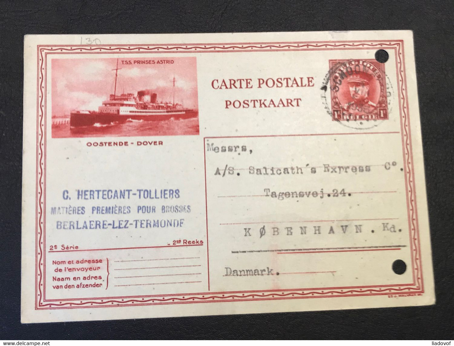 Postkaart Albert I Kepi 1fr Oostende-Dover - Gebruikt Schoonaerde - Kobenhavn (Denemarken) - Briefkaarten 1909-1934
