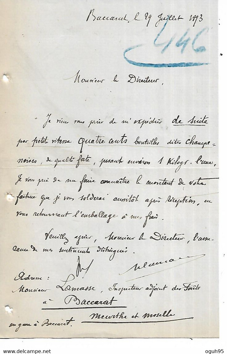 54 - BACCARAT -1893 -  Lettre De Mr LAMASSE, Inspecteur Adjoint Des Forêts - Commande De Bouteilles Dites Champenoises - 1800 – 1899