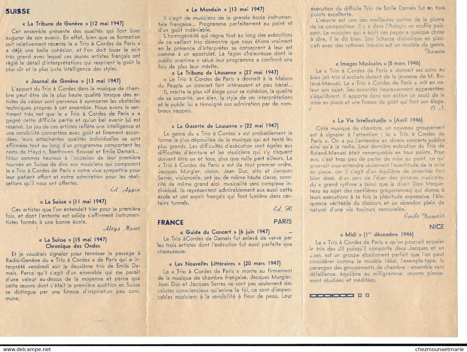 TRIO A CORDES DE PARIS - AUTOGRAPHE DE JACQUES SERRES VIOLONCELLISTE VIOLONCELLE SUR LETTRE TAPUSCRITE + DEPLIANT - Historische Dokumente