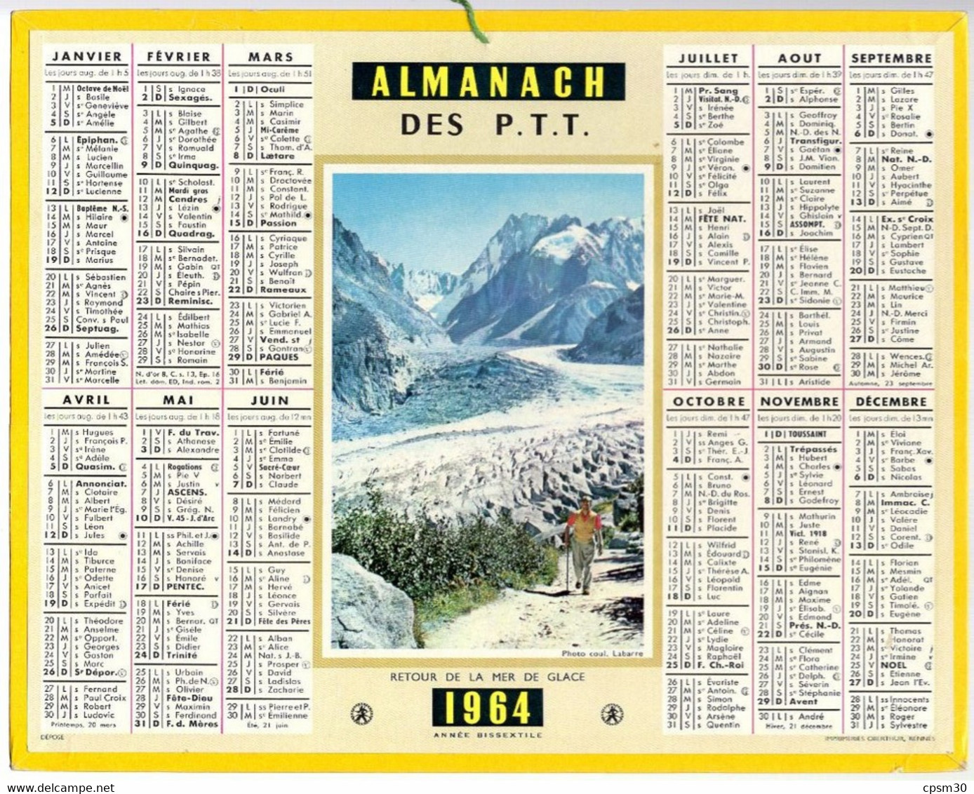 CALENDRIER GF 1964 - Retour De La Mer De Glace, Imprimeur Oberthur Rennes - Grand Format : 1961-70