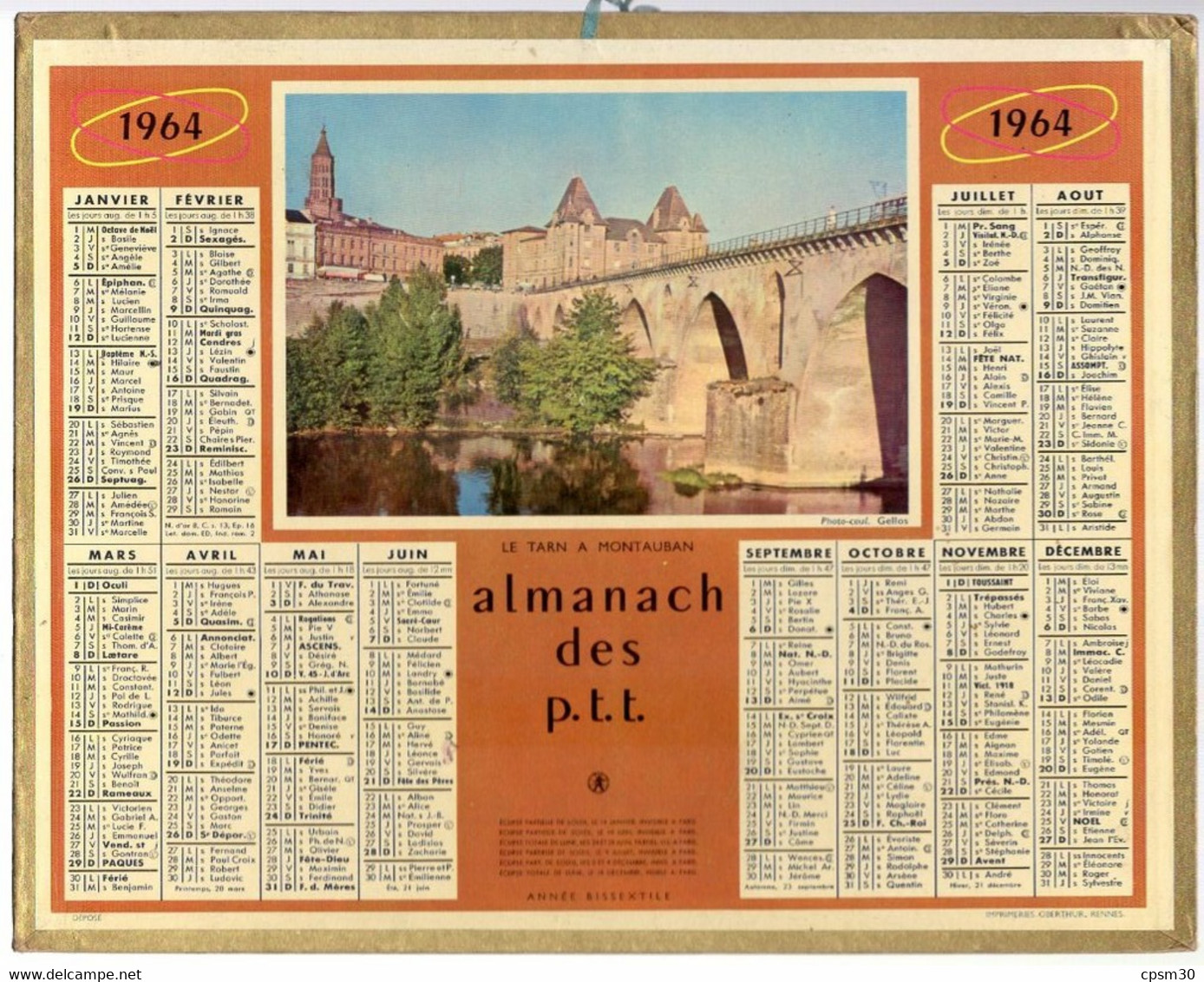 CALENDRIER GF 1964 - Le Tarn A Montauban, Imprimeur Oberthur Rennes - Grand Format : 1961-70