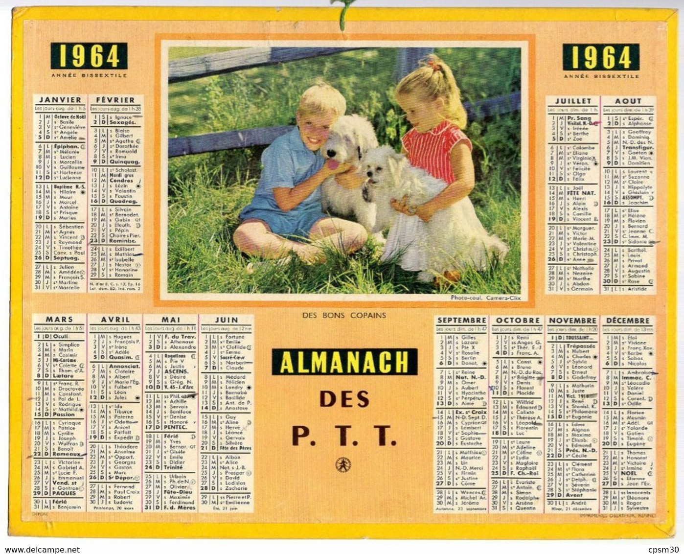 CALENDRIER GF 1964 - Les Enfants Et Les Chiens, Imprimeur Oberthur Rennes - Grand Format : 1961-70