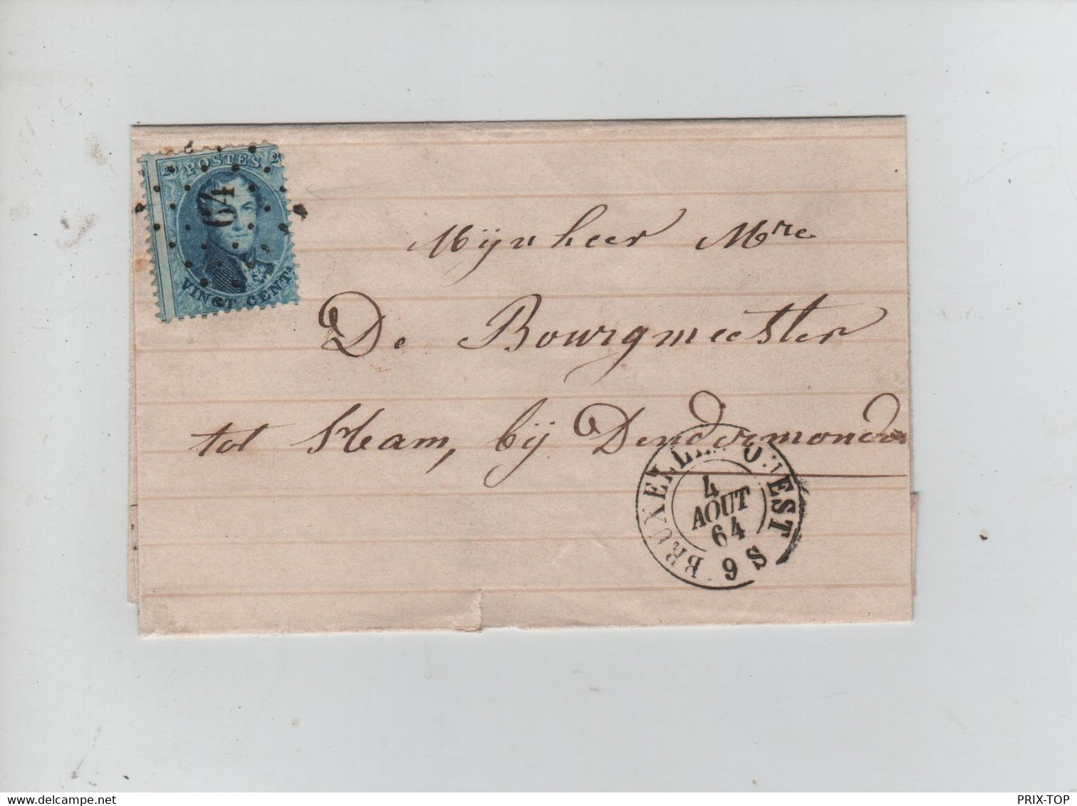 REF3703/ TP 15 S/LSC C. BXL (Ouest) 4/8/1864 + LOS PTS 64 > Ham Bij Dendermonde C. D'arrivée - Postmarks - Points