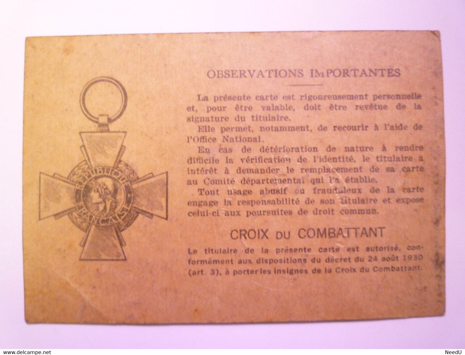 GP 2021 - 87  CARTE Du COMBATTANT  :  Jea-Louis BONNIE Né Le 14 Décembre 1868 à DONZENAC  (Corrèze)   XXX - Non Classés