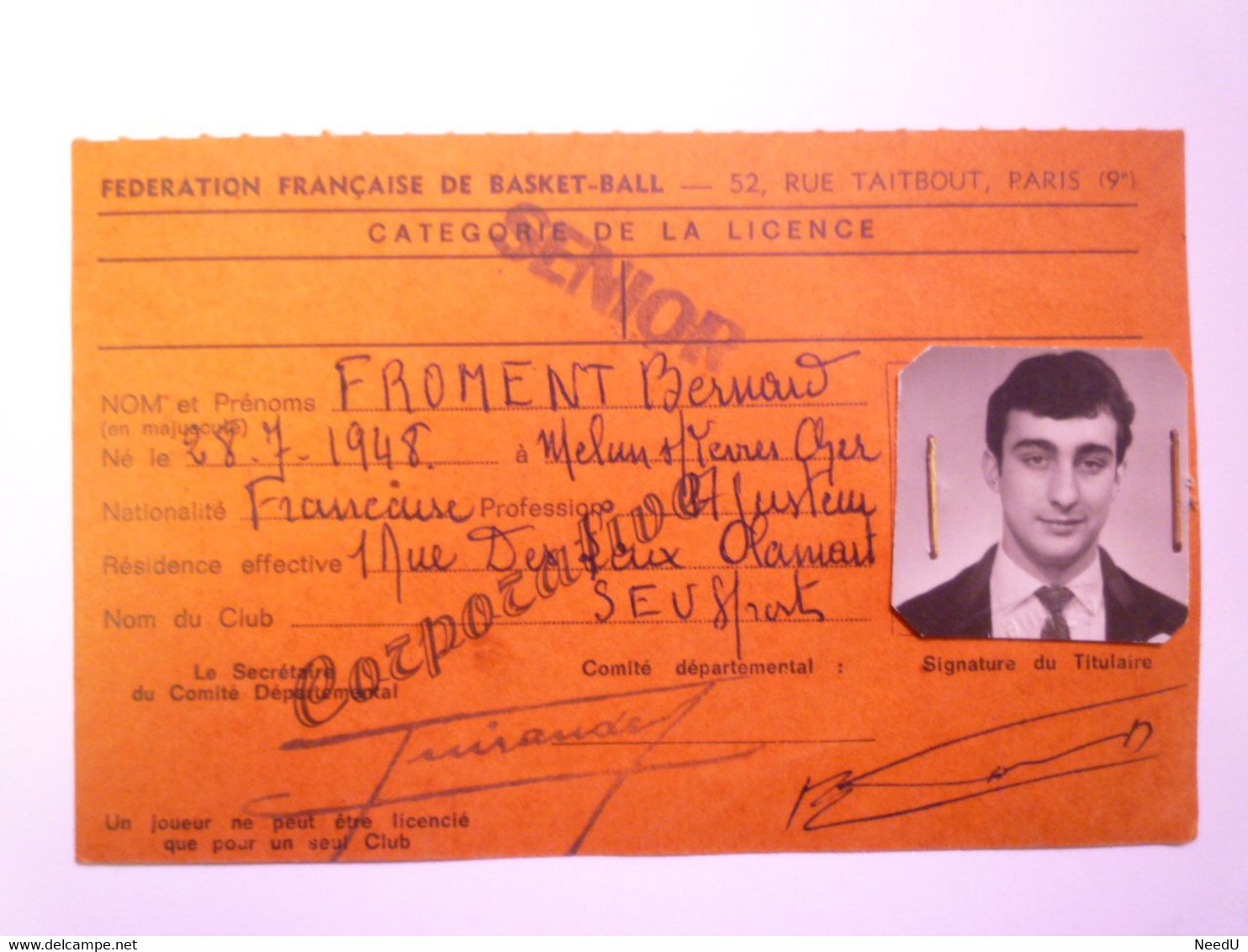 GP 2021 - 90  BASKET-BALL  :  LICENCE SENIOR  1967 - 68    XXX - Autres & Non Classés