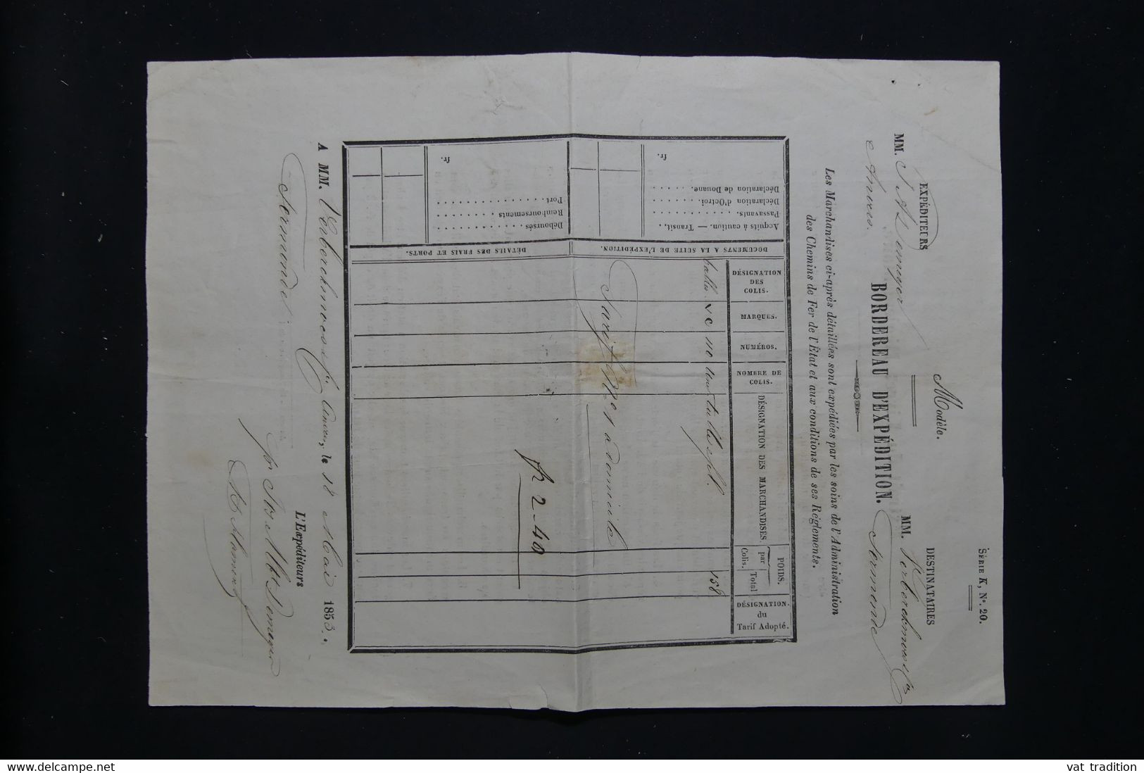 BELGIQUE - Bordereau D'expédition De Marchandises Par Chemin De Fer En 1853 - L 92972 - 1800 – 1899