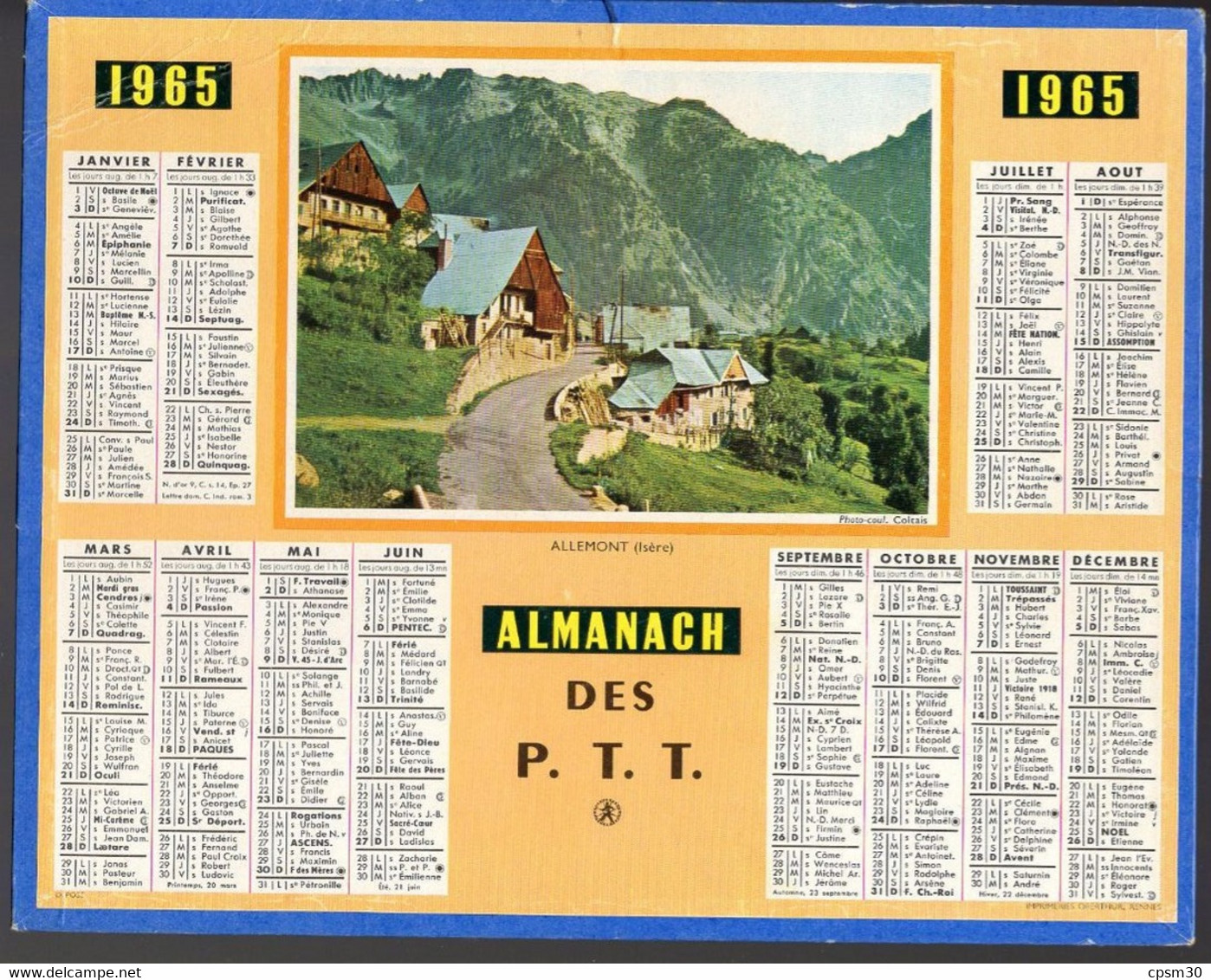 CALENDRIER GF 1965 - Allemont 38 Isère, Imprimeur Oberthur Rennes - Grand Format : 1961-70
