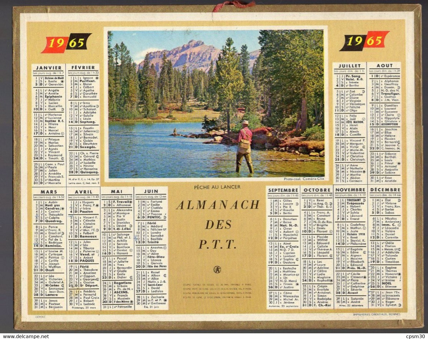 CALENDRIER GF 1965 - Pèche Au Lancer, Imprimeur Oberthur Rennes (calendrier Double) - Grand Format : 1961-70