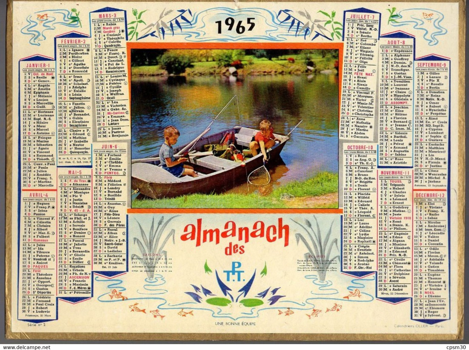 CALENDRIER GF 1965 - Pèche En Barque Des Enfants, Imprimeur Oller - Grand Format : 1961-70