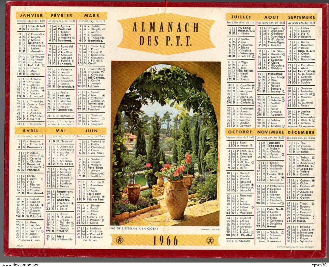 CALENDRIER GF 1965 - Mas De L'Estelan à La Ciotat, Imprimeur Oberthur Rennes - Grand Format : 1961-70