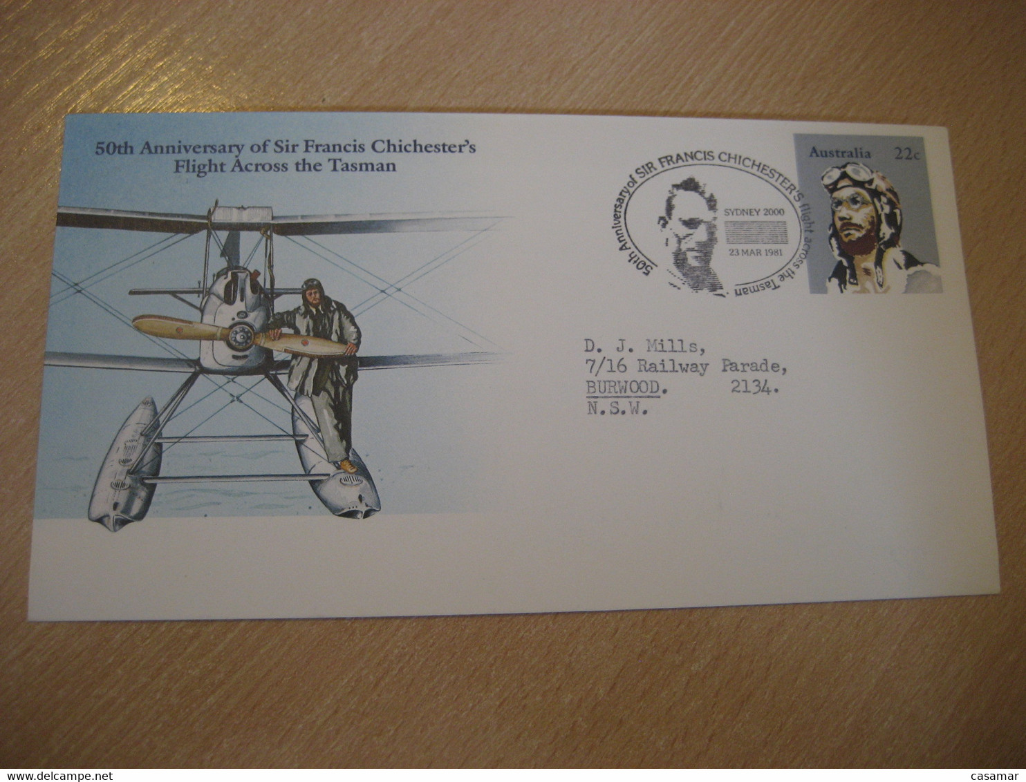 50th Anniv. First Flight Across Tasman Tasmania 1981 SYDNEY 2000 Francis Chichester Cancel Cover AUSTRALIA - Primeros Vuelos