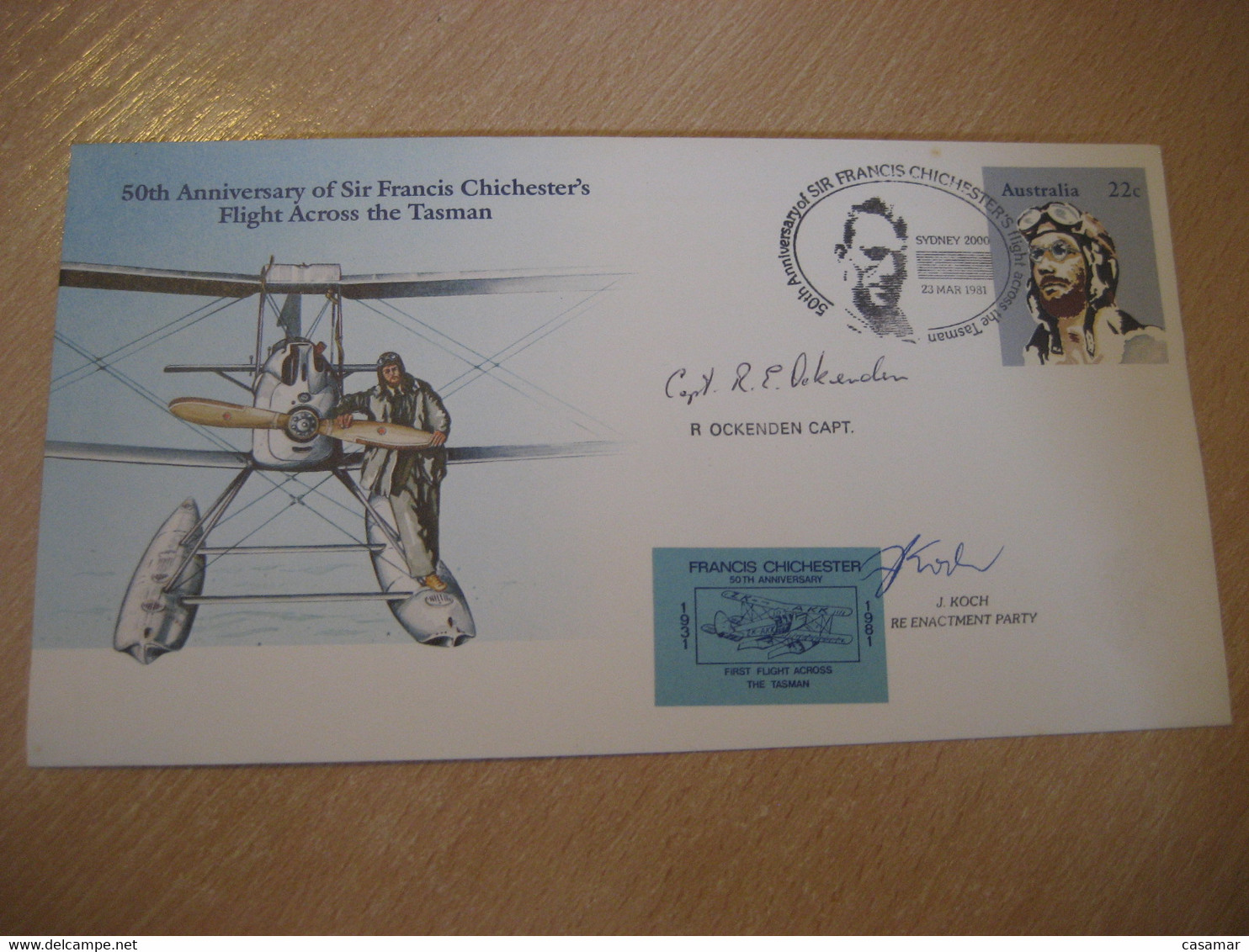 Signed + Poster Stamp 50th Anniv First Flight Across Tasmania 1981 SYDNEY 2000 Francis Chichester Cancel Cover AUSTRALIA - Erst- U. Sonderflugbriefe