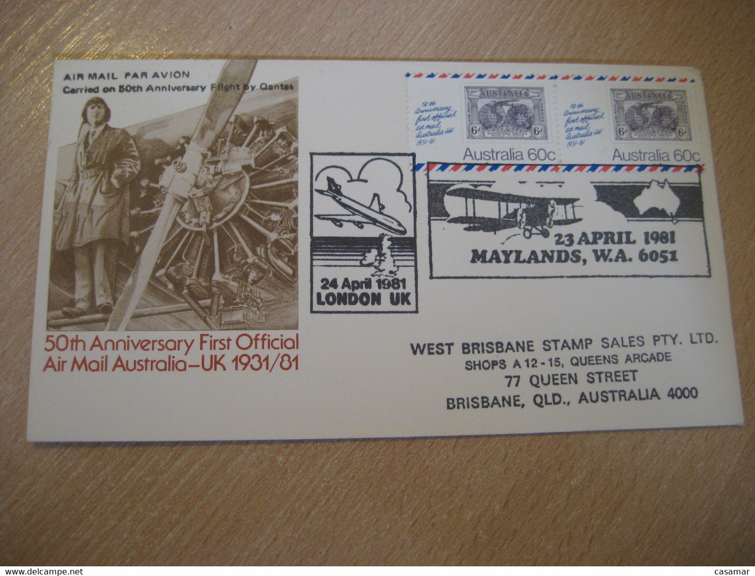 LONDON MAYLANDS 50th Anniv. 1931 First Official Air Mail QANTAS First Flight Cancel Cover ENGLAND AUSTRALIA - Primi Voli