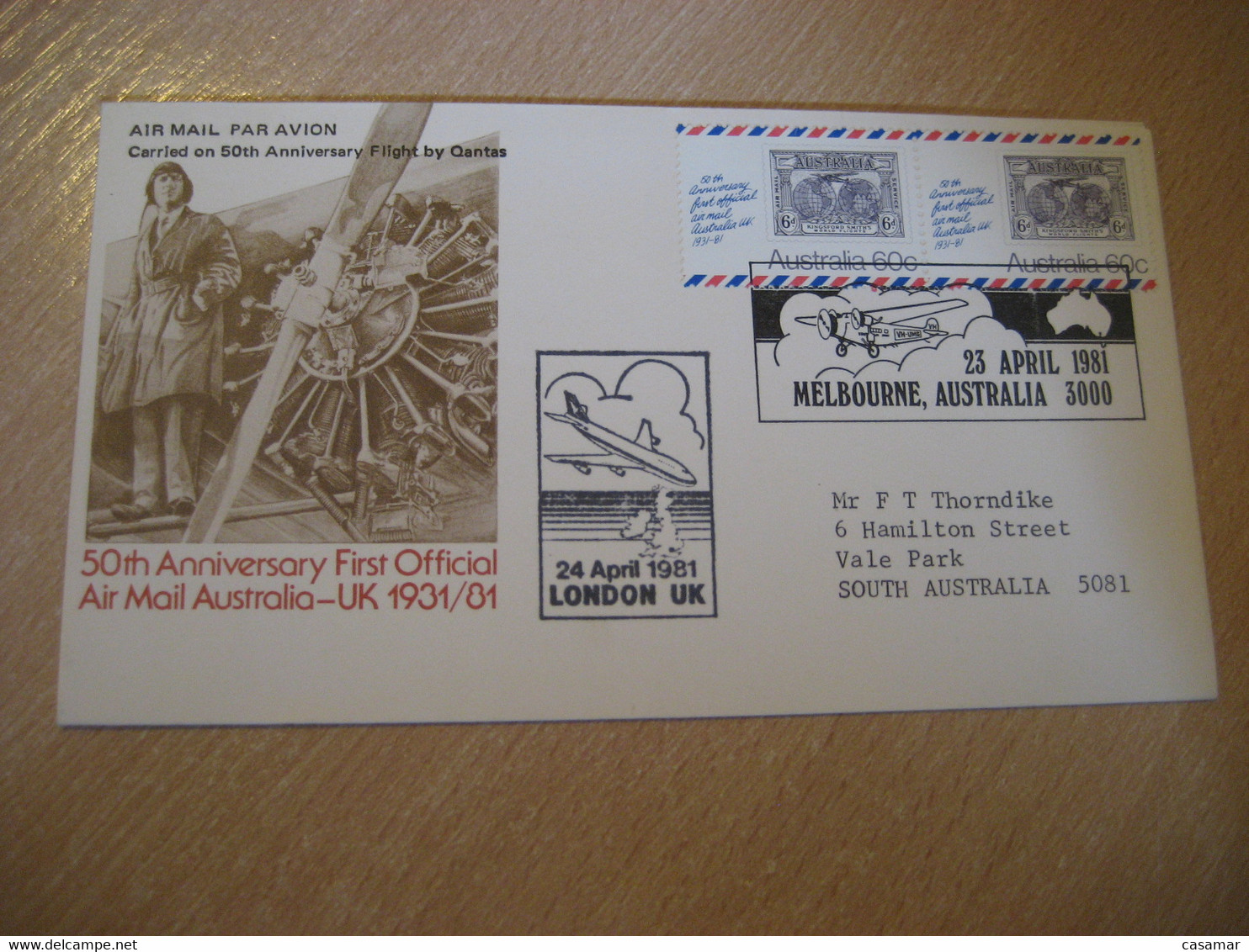 LONDON MELBOURNE 50th Anniv. 1931 First Official Air Mail QANTAS First Flight 1981 Cancel Cover ENGLAND AUSTRALIA - First Flight Covers