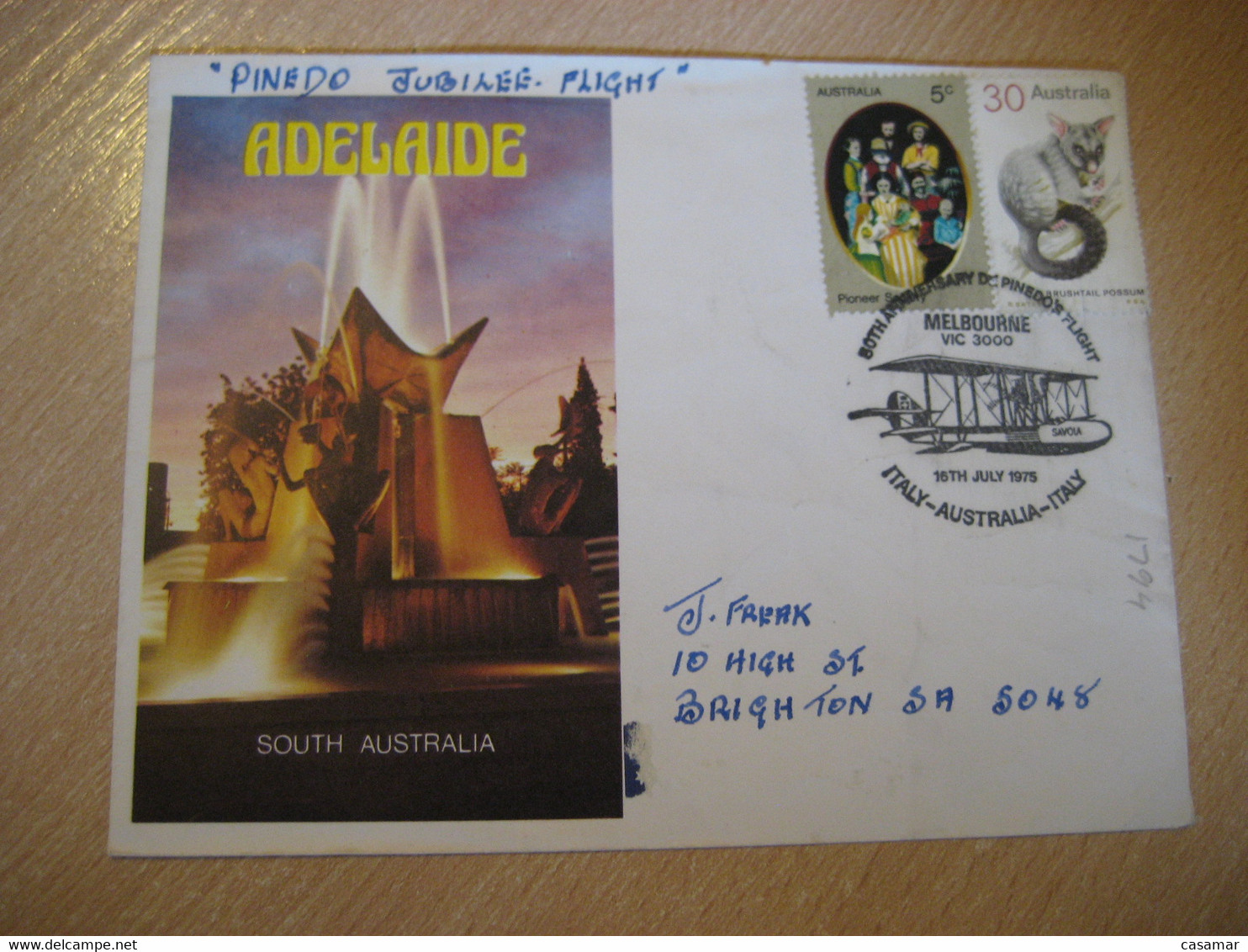 ITALY Fiumicino Airport AUSTRALIA 50th Anniv. Pinedo Flight Samoa Plane 1975 Cancel Adelaide Cover AUSTRALIA - First Flight Covers