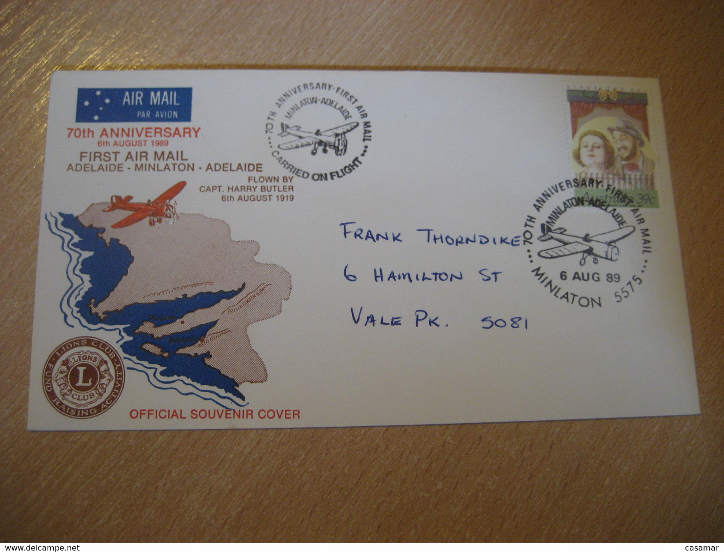 LIONS CLUB Minlaton Adelaide Capt. Butler 70th Anniv. First Air Mail Carried On Flight 1989 Cancel Cover AUSTRALIA - Primi Voli